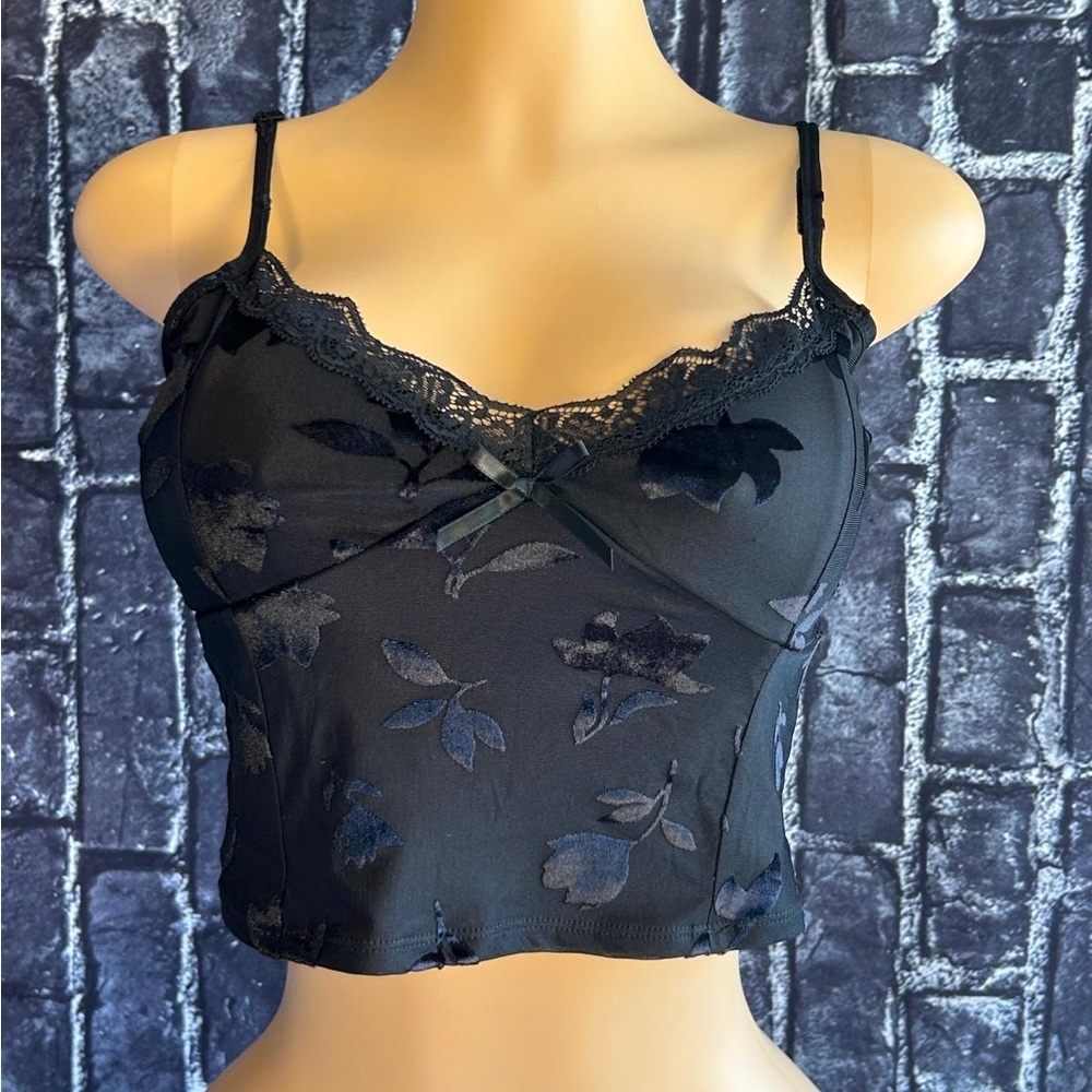 Black Floral Lace Trim Cami Top